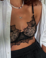 Siyah Çiçek Desen Balenli Sütyen Takımı