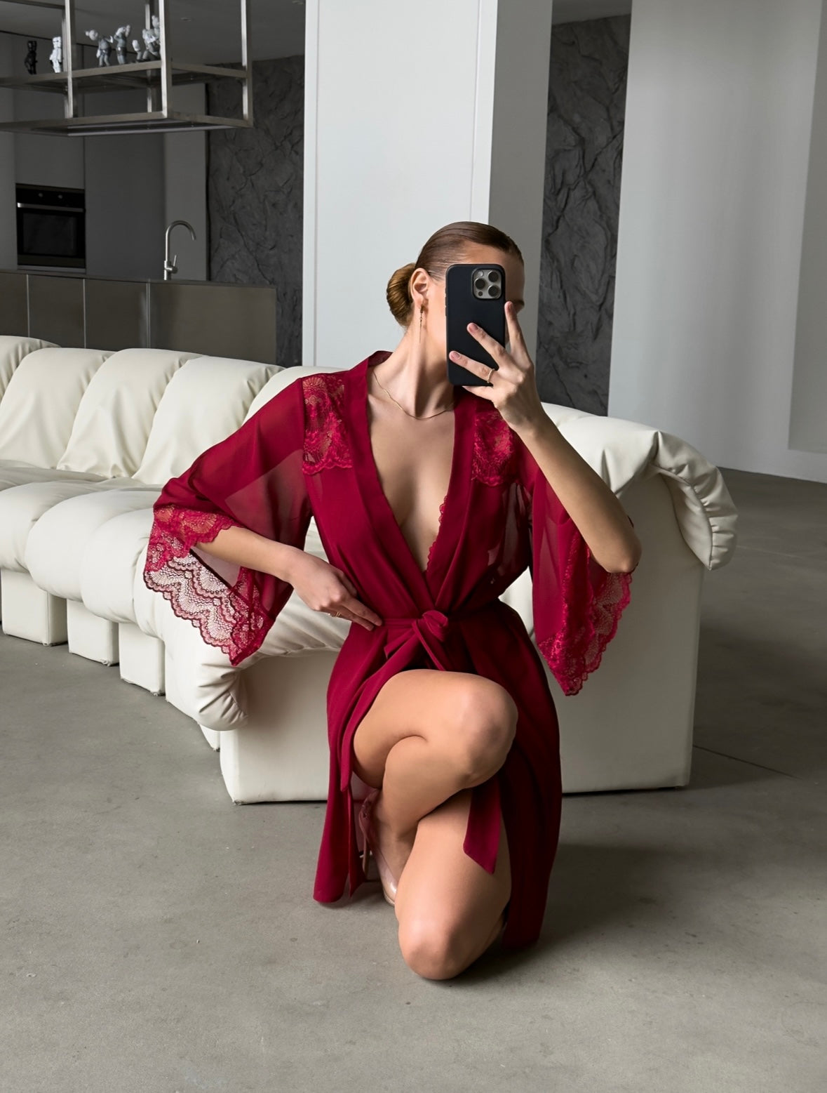 Perla Premium Sabahlık & Bodysuit Set Kırmızı