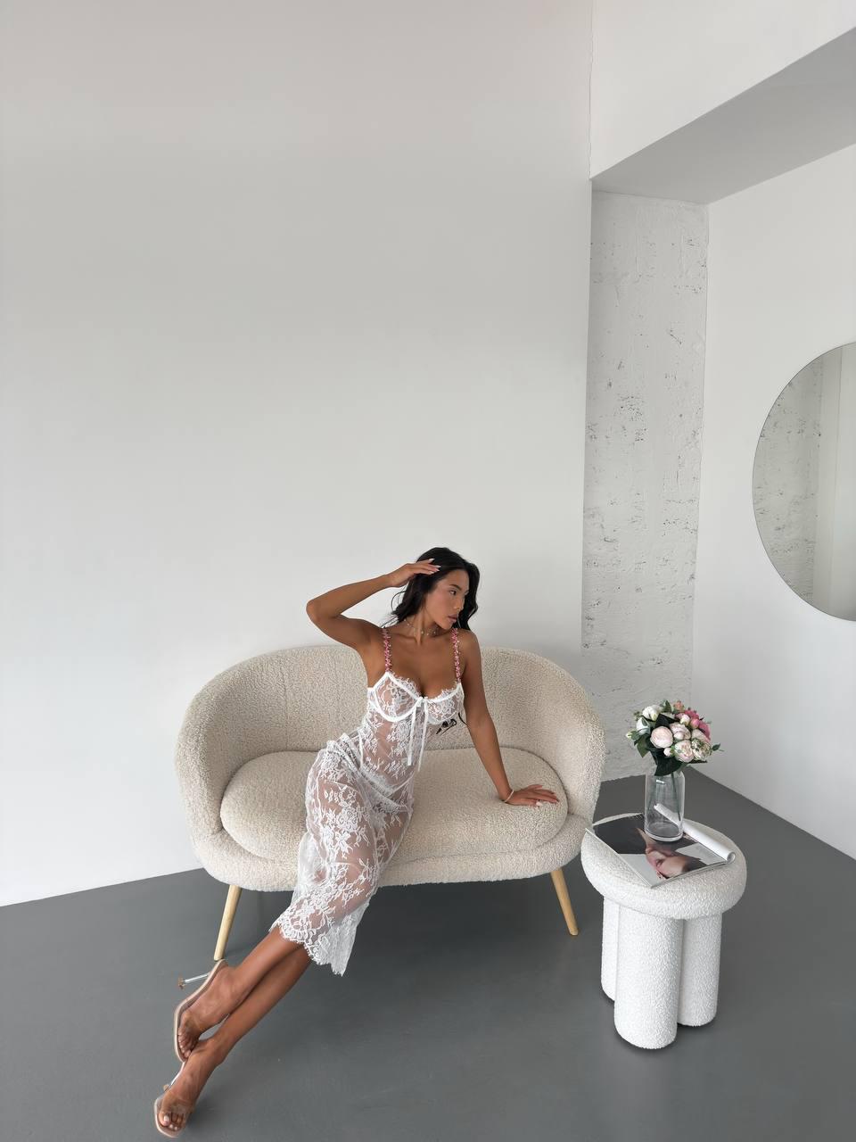 Mia Dantel Midi Premium Eldivenli Babydoll Takım Beyaz