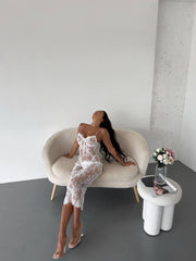 Mia Dantel Midi Premium Eldivenli Babydoll Takım Beyaz