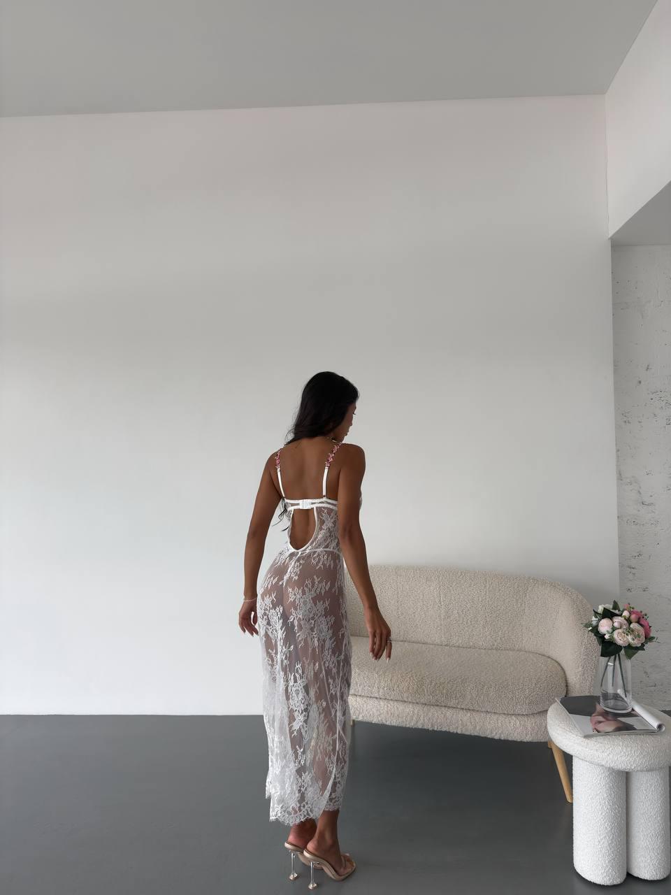 Mia Dantel Midi Premium Eldivenli Babydoll Takım Beyaz