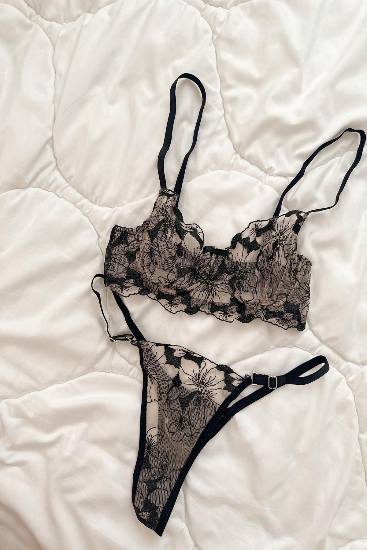 Anna Çiçekli Transparan Balenli Balkonet Sütyen Takımı Bej Siyah