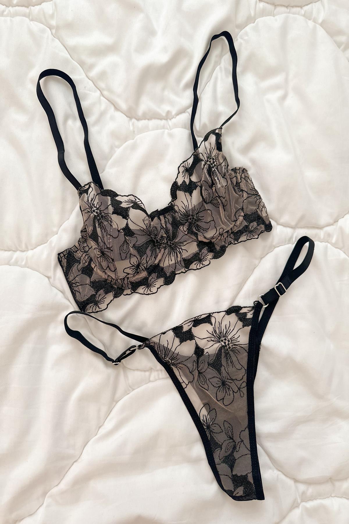 Anna Çiçekli Transparan Balenli Balkonet Sütyen Takımı Bej Siyah