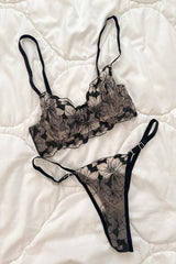 Anna Çiçekli Transparan Balenli Balkonet Sütyen Takımı Bej Siyah