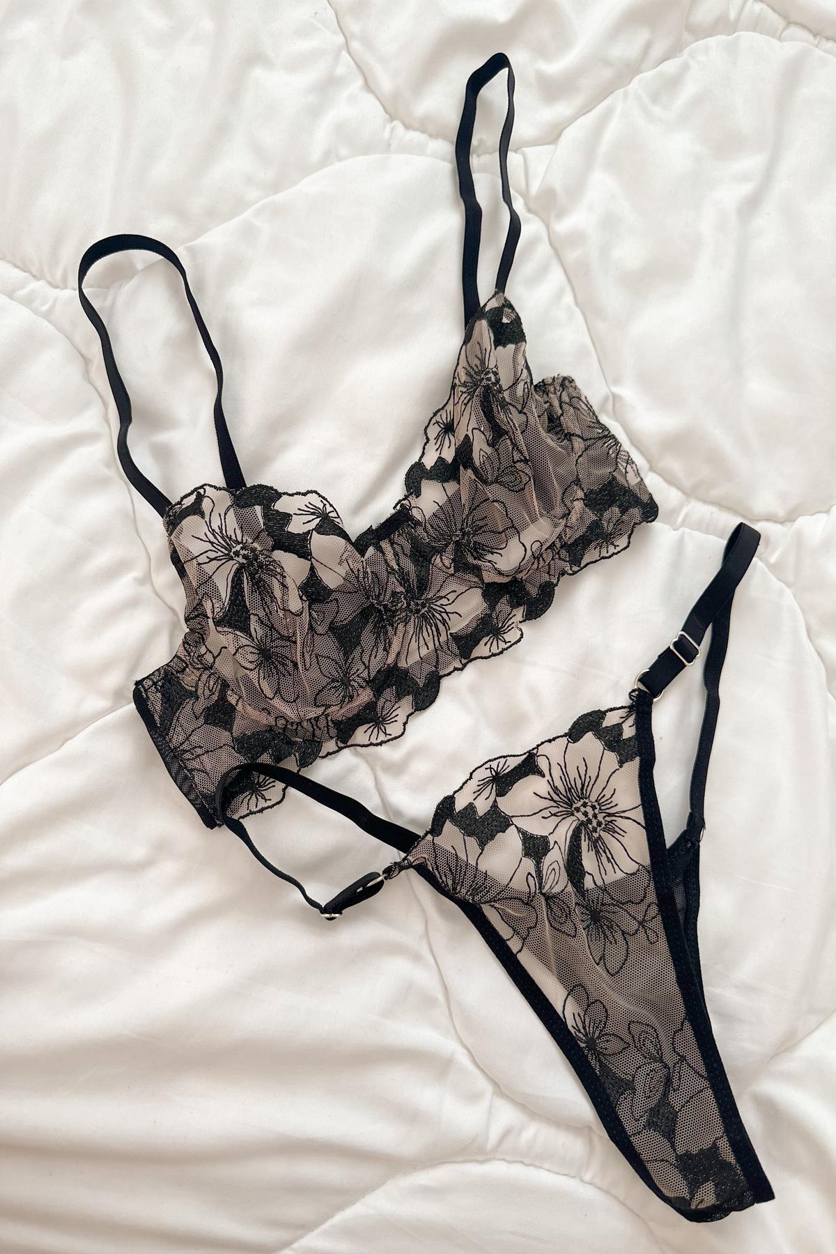 Anna Çiçekli Transparan Balenli Balkonet Sütyen Takımı Bej Siyah