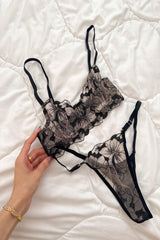 Anna Çiçekli Transparan Balenli Balkonet Sütyen Takımı Bej Siyah