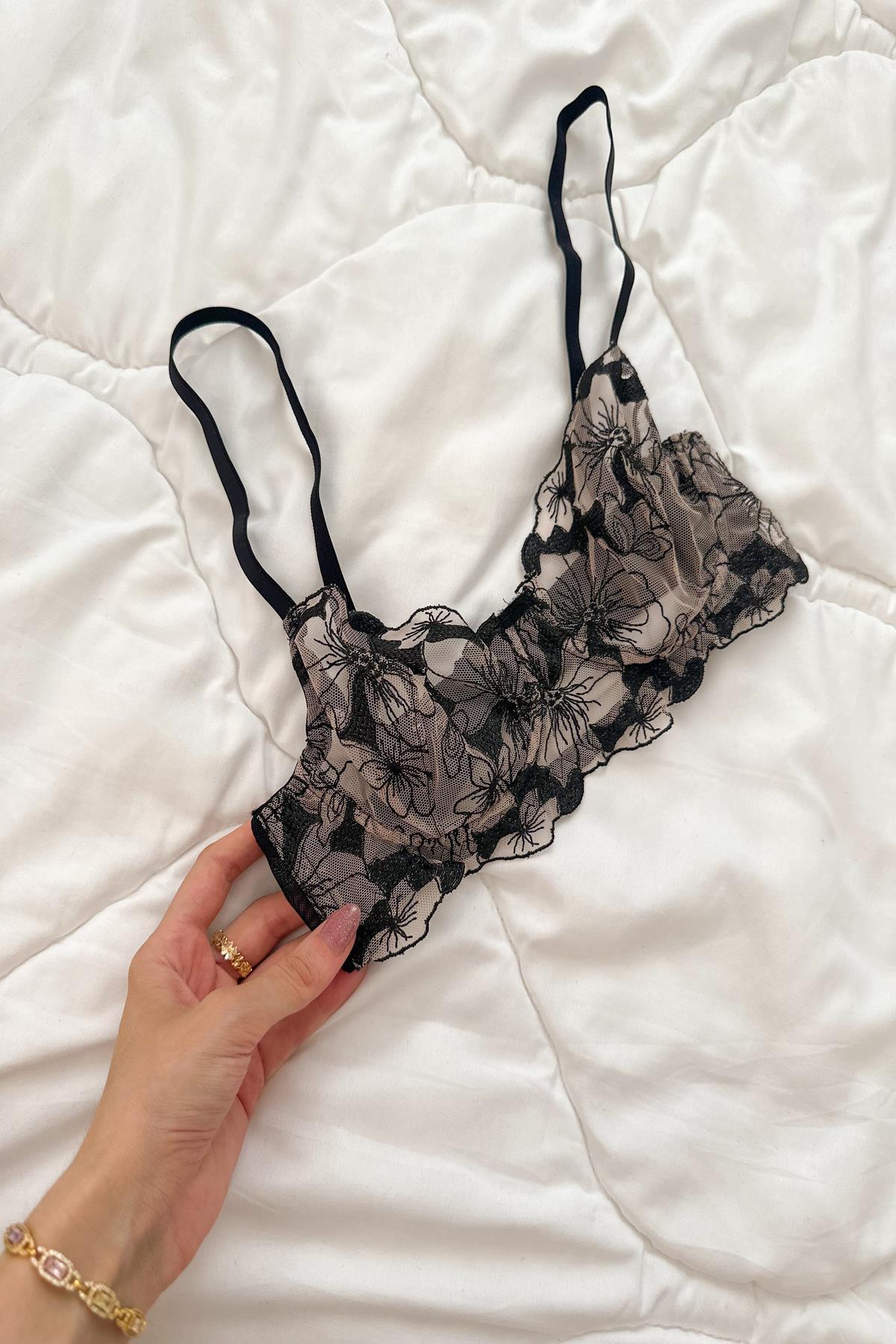 Anna Çiçekli Transparan Balenli Balkonet Sütyen Takımı Bej Siyah