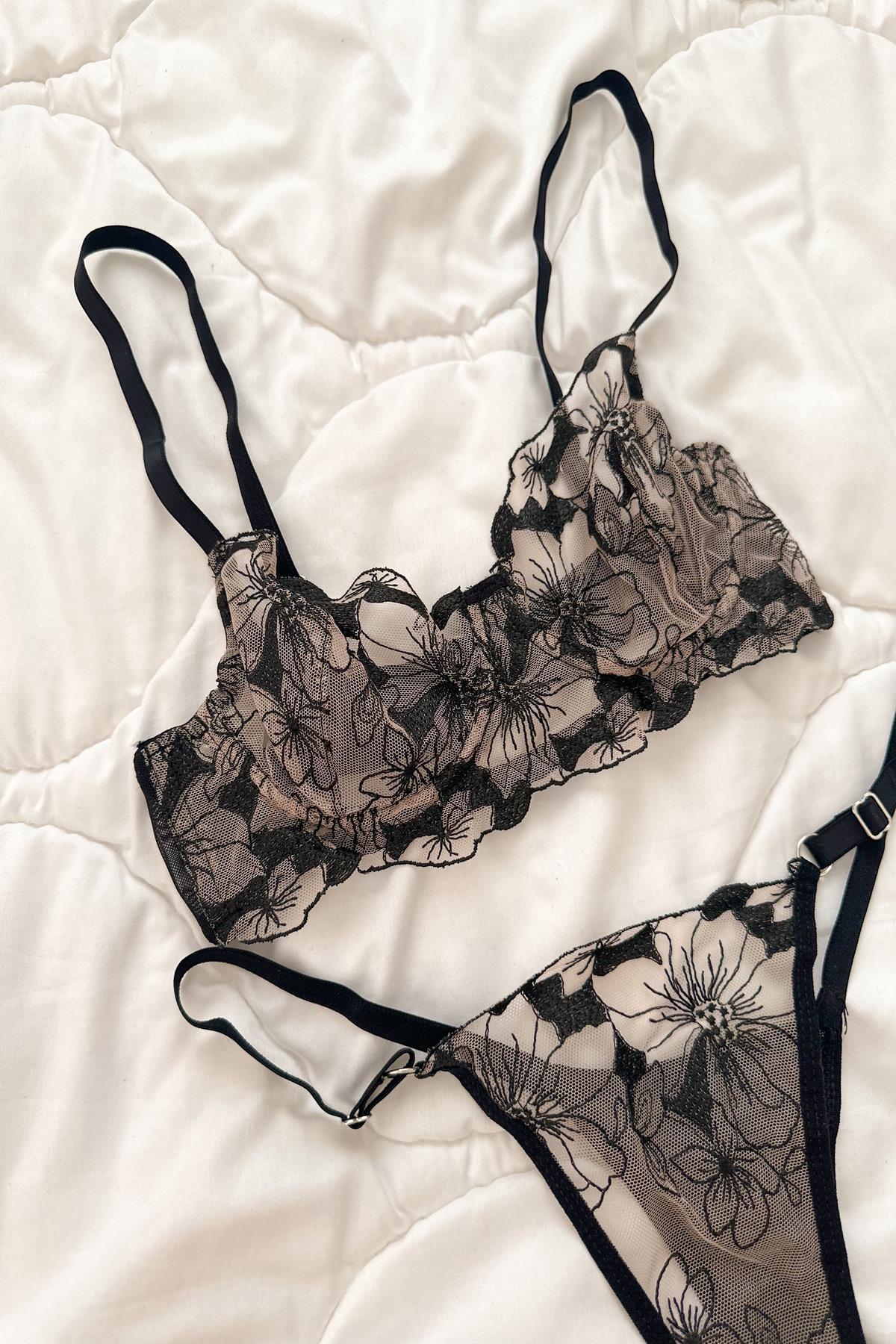 Anna Çiçekli Transparan Balenli Balkonet Sütyen Takımı Bej Siyah