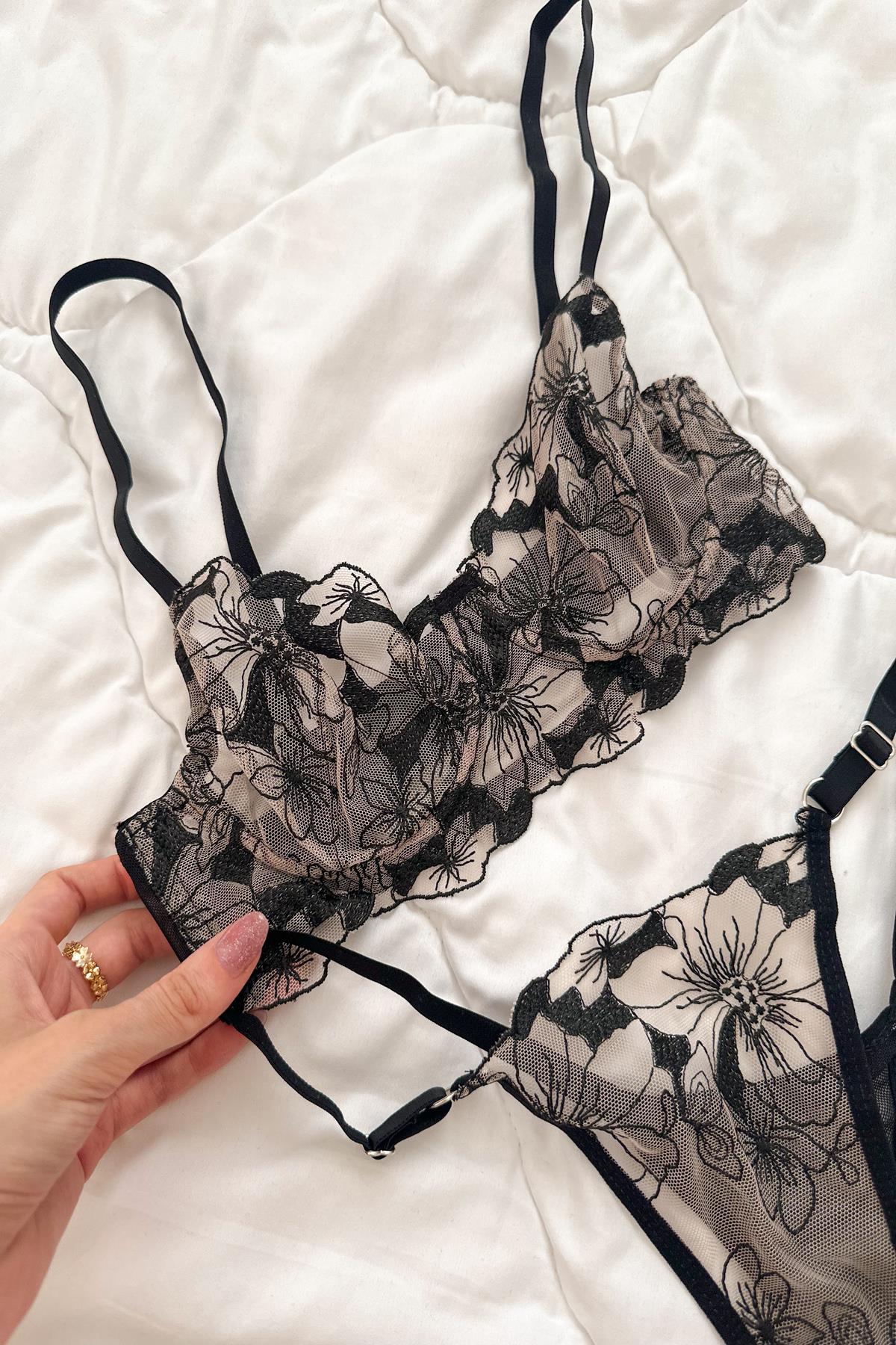Anna Çiçekli Transparan Balenli Balkonet Sütyen Takımı Bej Siyah