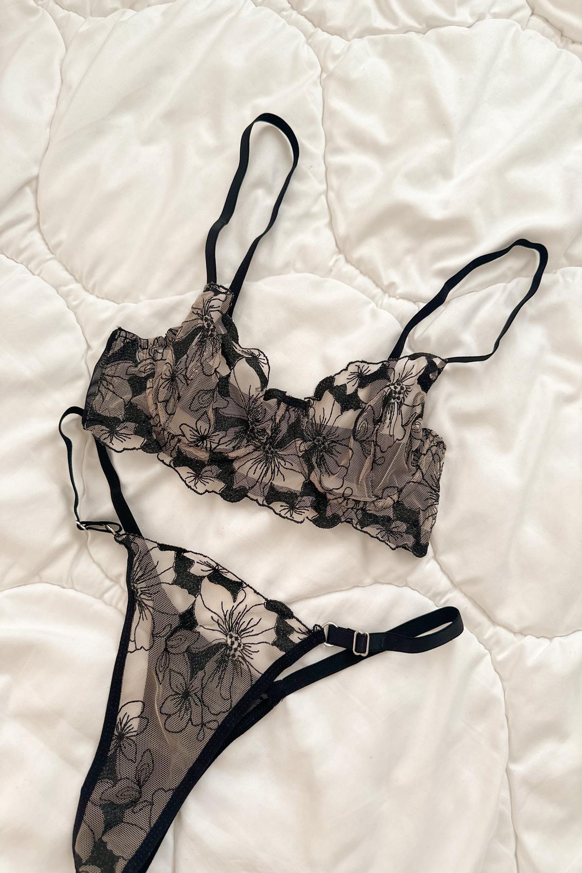 Anna Çiçekli Transparan Balenli Balkonet Sütyen Takımı Bej Siyah