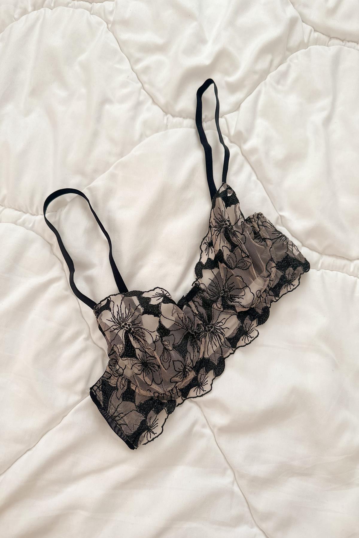 Anna Çiçekli Transparan Balenli Balkonet Sütyen Takımı Bej Siyah