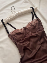 Anna İpeksi Saten Mini Balenli Gecelik - Günlük Elbise Kahverengi