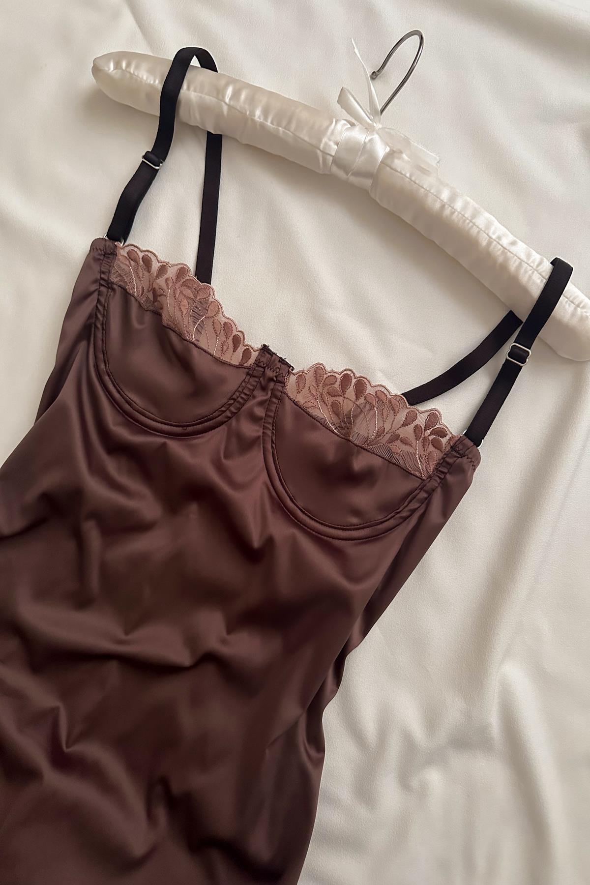 Anna İpeksi Saten Mini Balenli Gecelik - Günlük Elbise Kahverengi