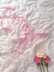 Premium Dantel Detaylı Saten Balenli Bodysuit Pembe