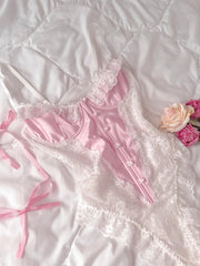 Premium Dantel Detaylı Saten Balenli Bodysuit Pembe