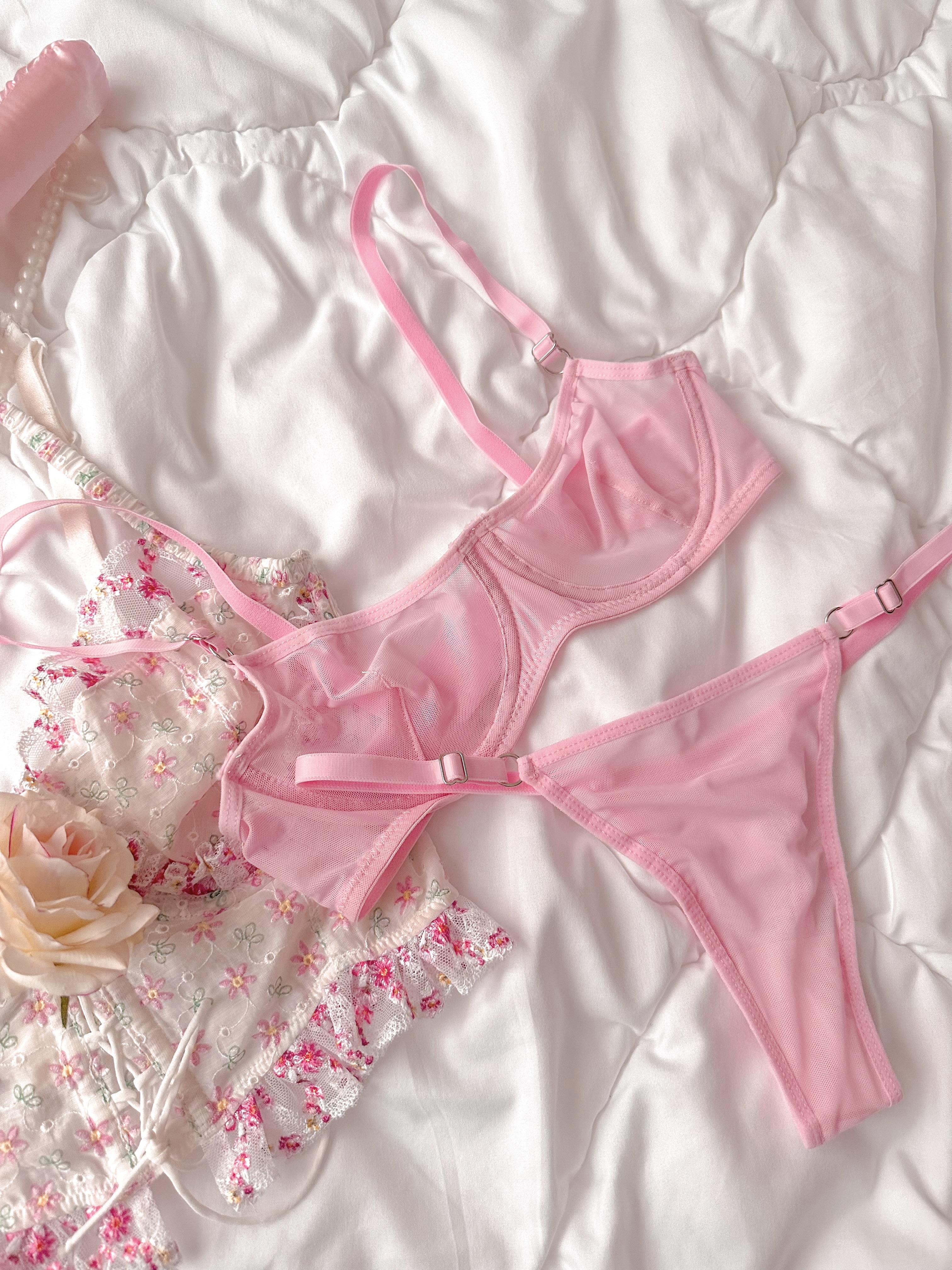 Barbie Basic Transparan Tül Balenli Demi Sütyen Takımı Pembe