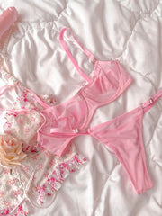 Barbie Basic Transparan Tül Balenli Demi Sütyen Takımı Pembe