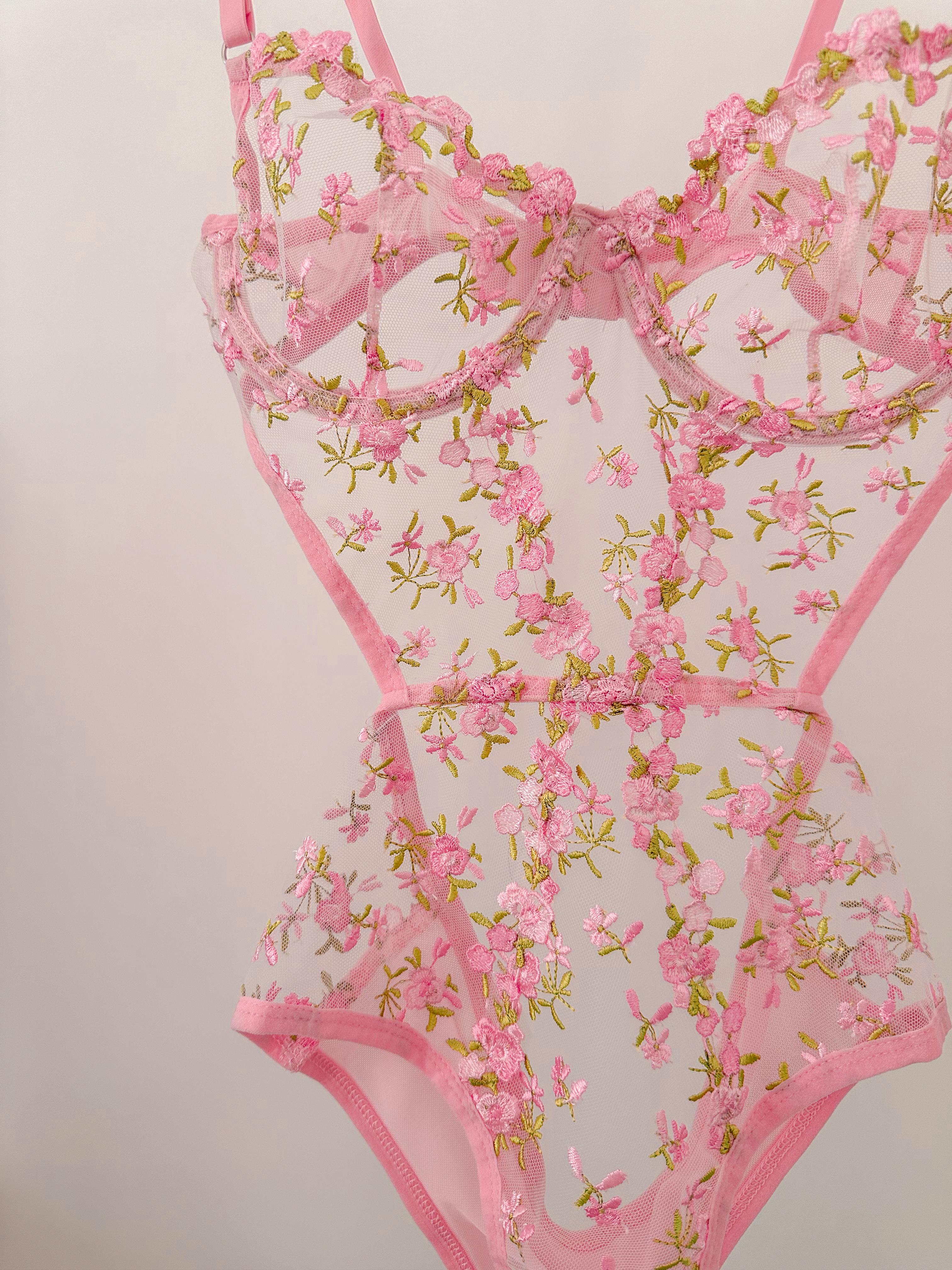 Barbie Çiçekli Balenli Balkonet Bodysuit Pembe