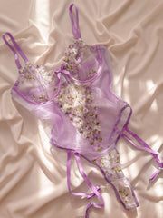 Lilac Premium Çiçekli Balenli Jartiyer Bodysuit Lila