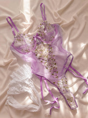 Lilac Premium Çiçekli Balenli Jartiyer Bodysuit Lila