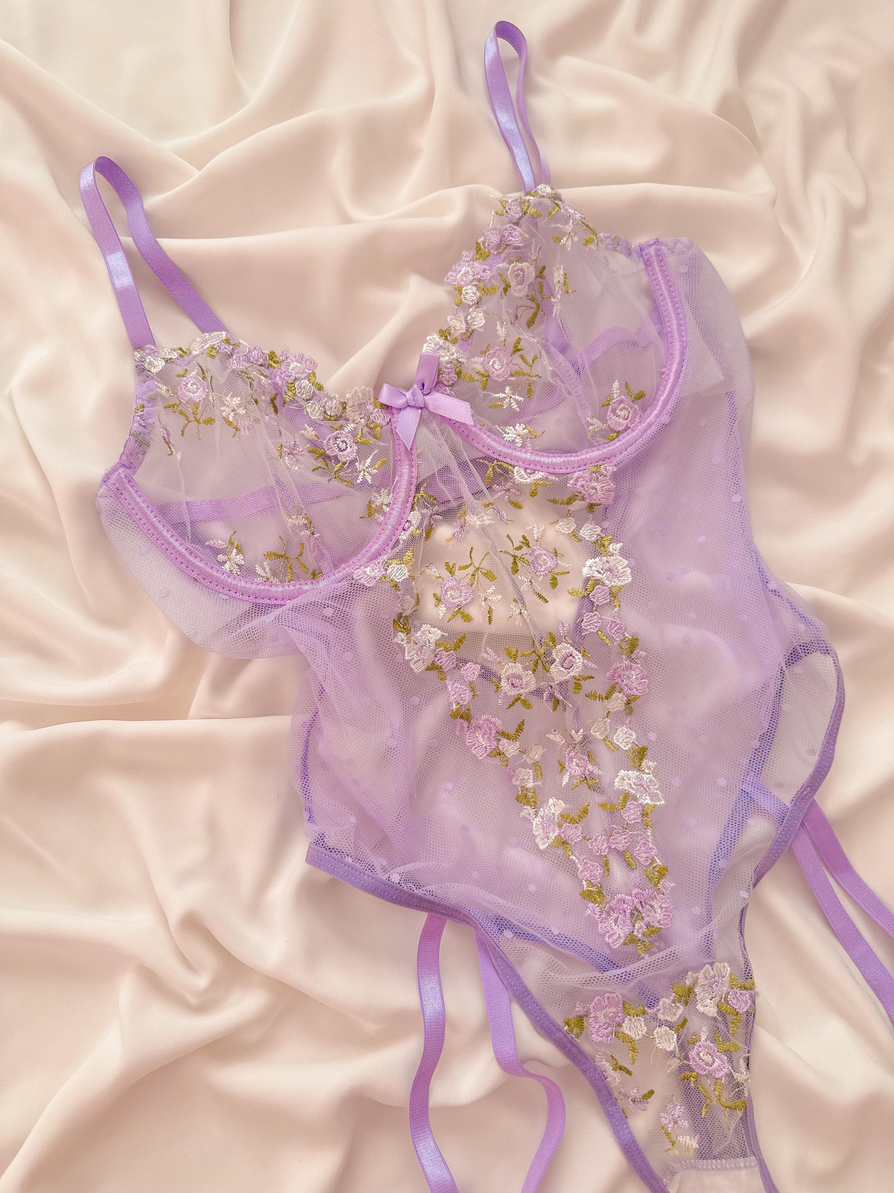 Lilac Premium Çiçekli Balenli Jartiyer Bodysuit Lila