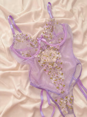 Lilac Premium Çiçekli Balenli Jartiyer Bodysuit Lila