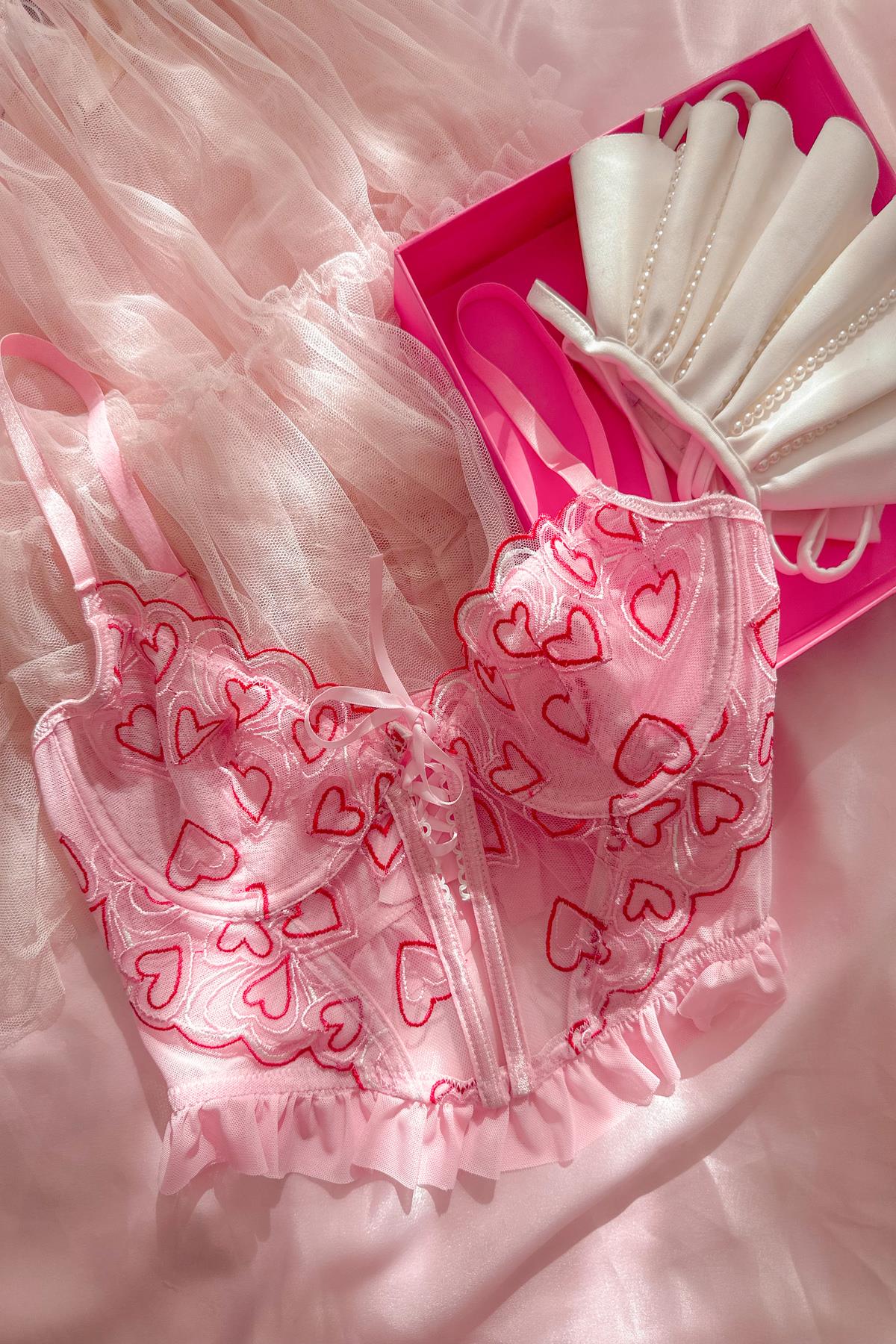 Barbie Kalpli Volanlı Balenli Büstiyer Pembe