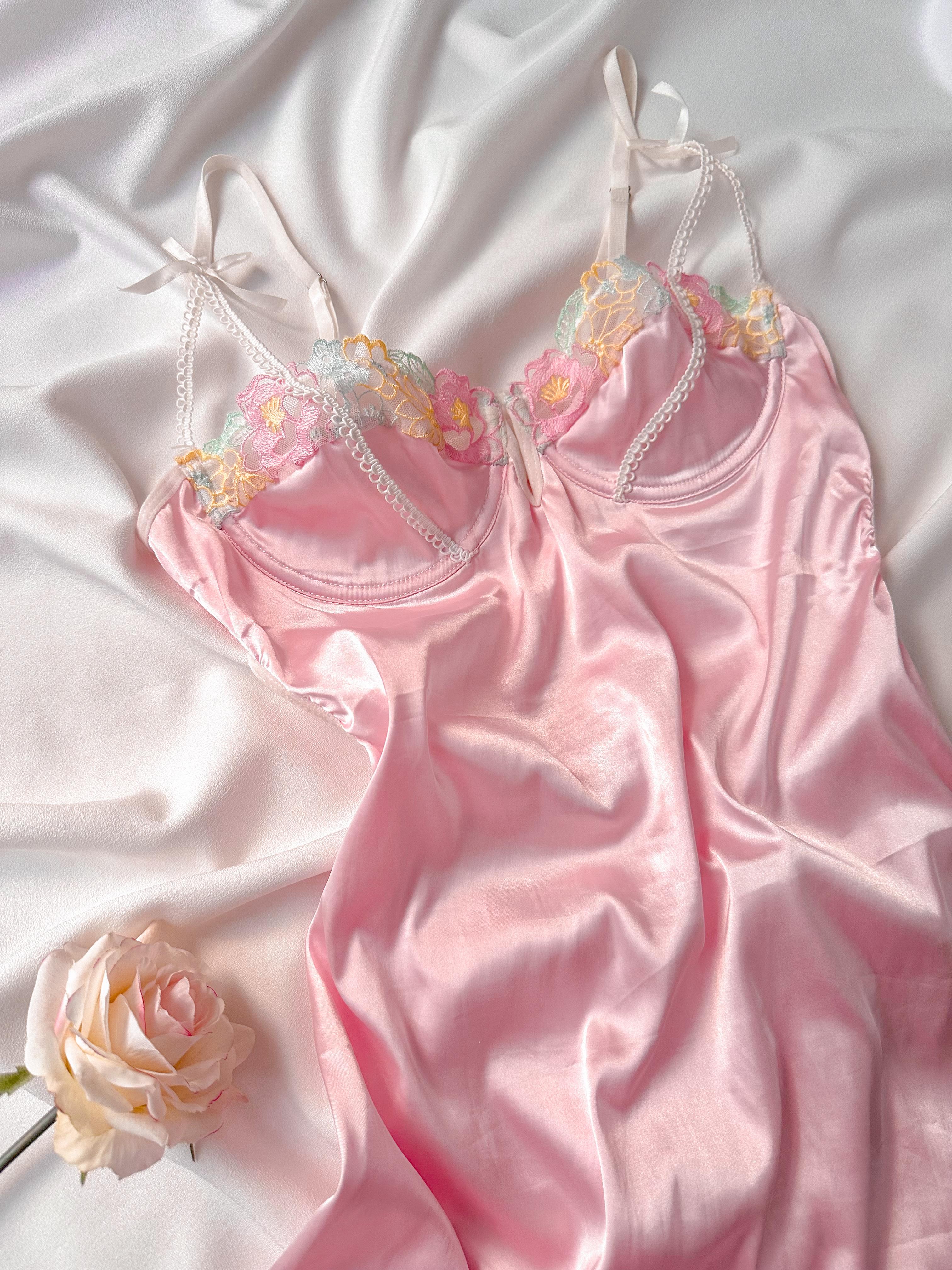 Private Çiçekli İpeksi Saten Mini Balenli Gecelik - Günlük Elbise Pembe