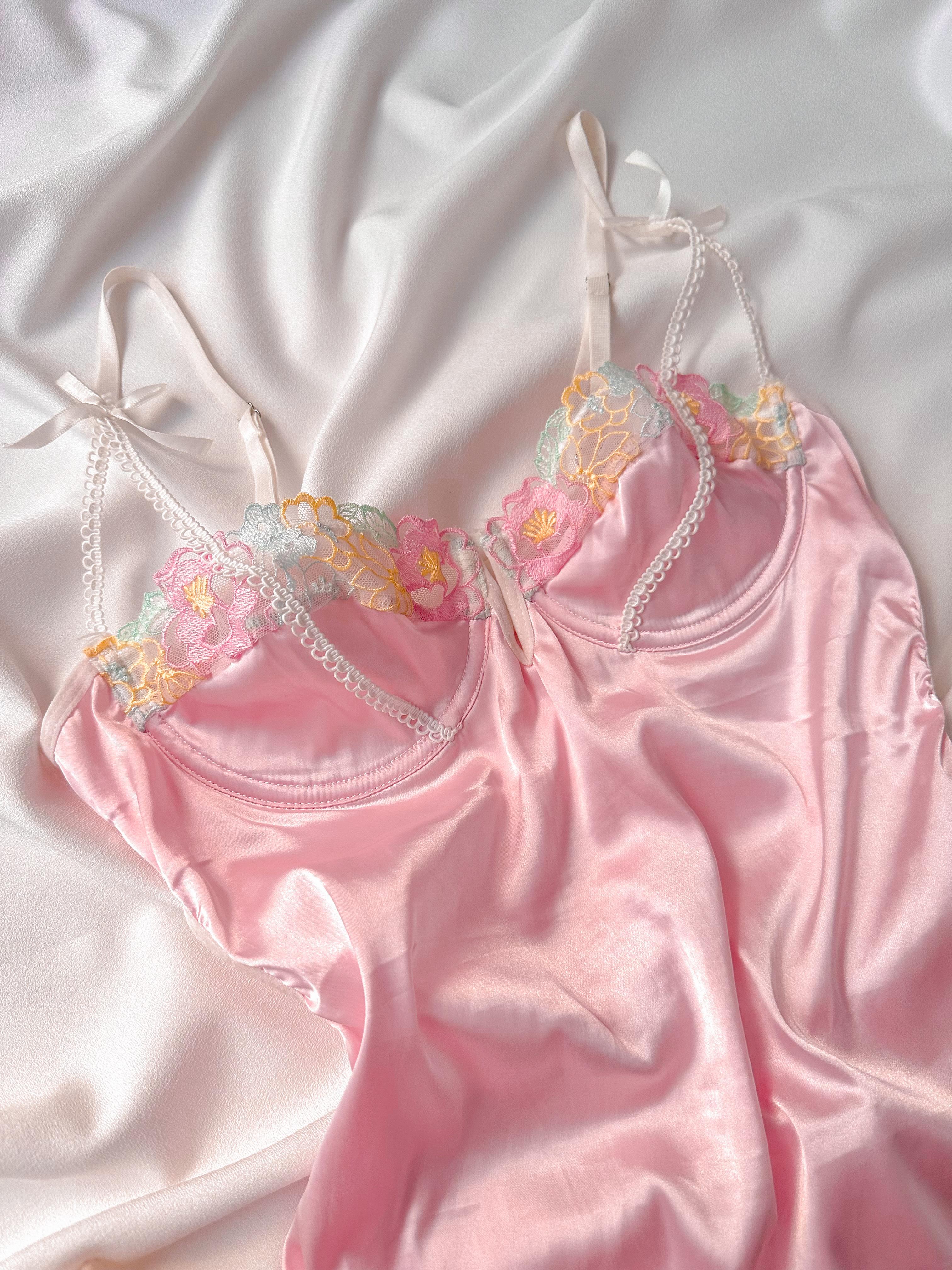 Private Çiçekli İpeksi Saten Mini Balenli Gecelik - Günlük Elbise Pembe