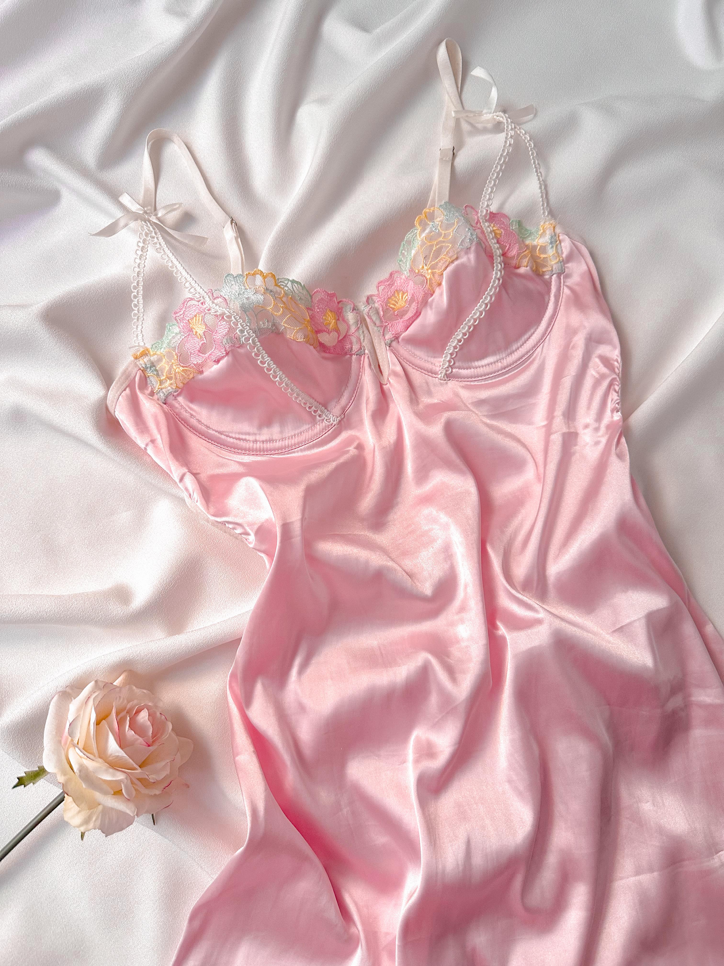 Private Çiçekli İpeksi Saten Mini Balenli Gecelik - Günlük Elbise Pembe