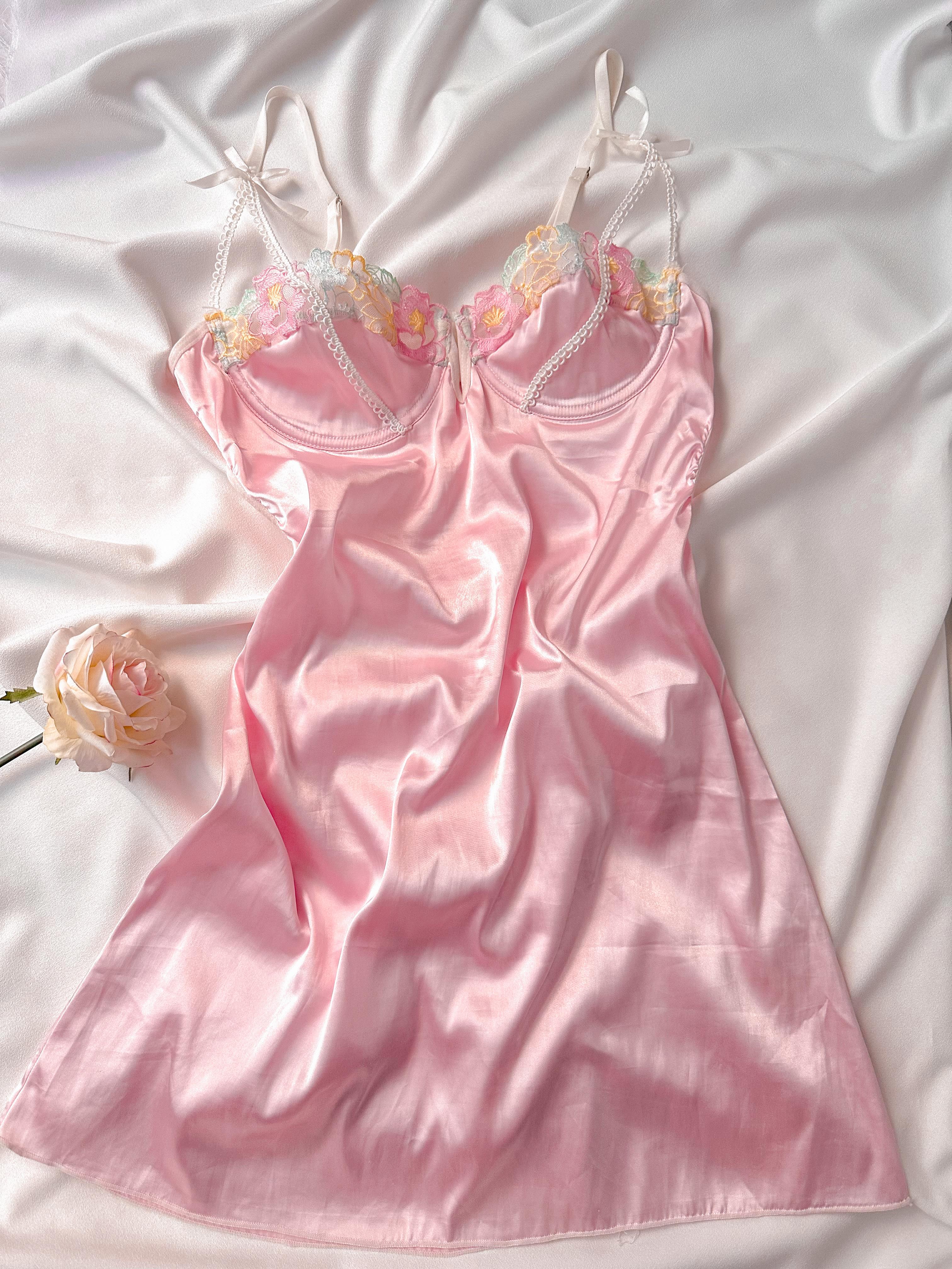 Private Çiçekli İpeksi Saten Mini Balenli Gecelik - Günlük Elbise Pembe