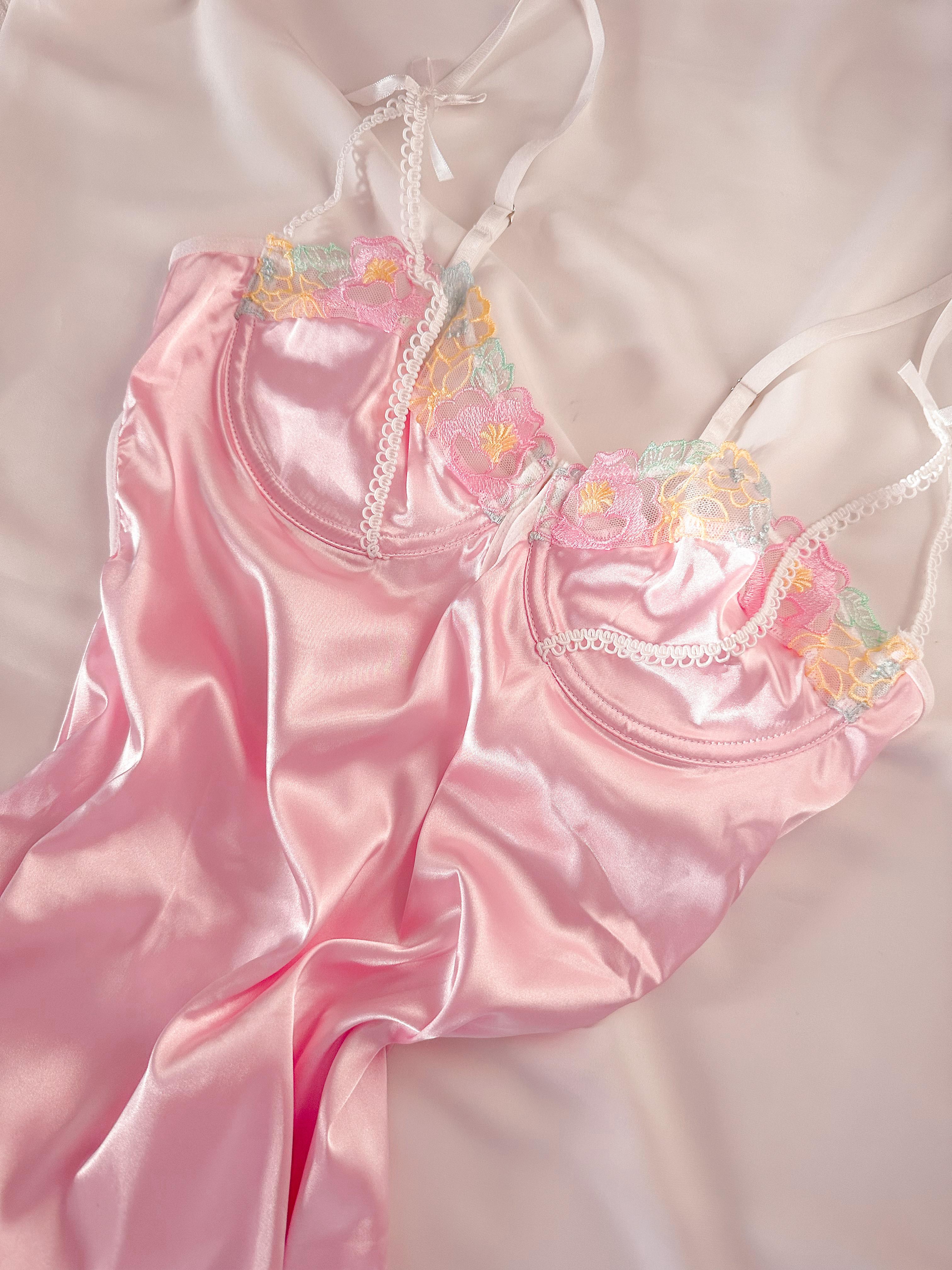 Private Çiçekli İpeksi Saten Mini Balenli Gecelik - Günlük Elbise Pembe