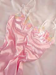 Private Çiçekli İpeksi Saten Mini Balenli Gecelik - Günlük Elbise Pembe