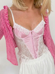 Premium Dantel Detaylı Saten Balenli Bodysuit Pembe