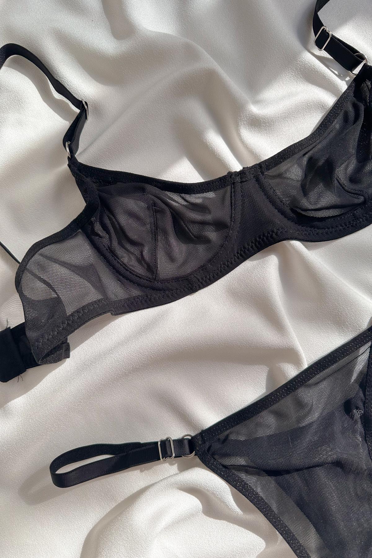 edde Basic Transparan Tül Balenli Demi Sütyen Takımı Siyah