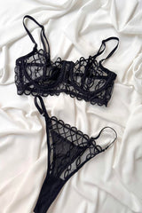 Edde Desenli Balenli Balkonet Sütyen Takımı Siyah