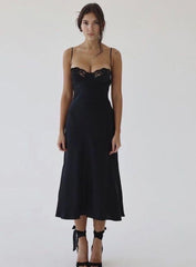 edde İpeksi Saten Midi Balenli Gecelik - Günlük Elbise Siyah