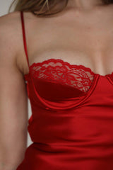 Elena İpeksi Saten Mini Balenli Gecelik - Günlük Elbise Kırmızı