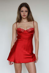 Elena İpeksi Saten Mini Balenli Gecelik - Günlük Elbise Kırmızı