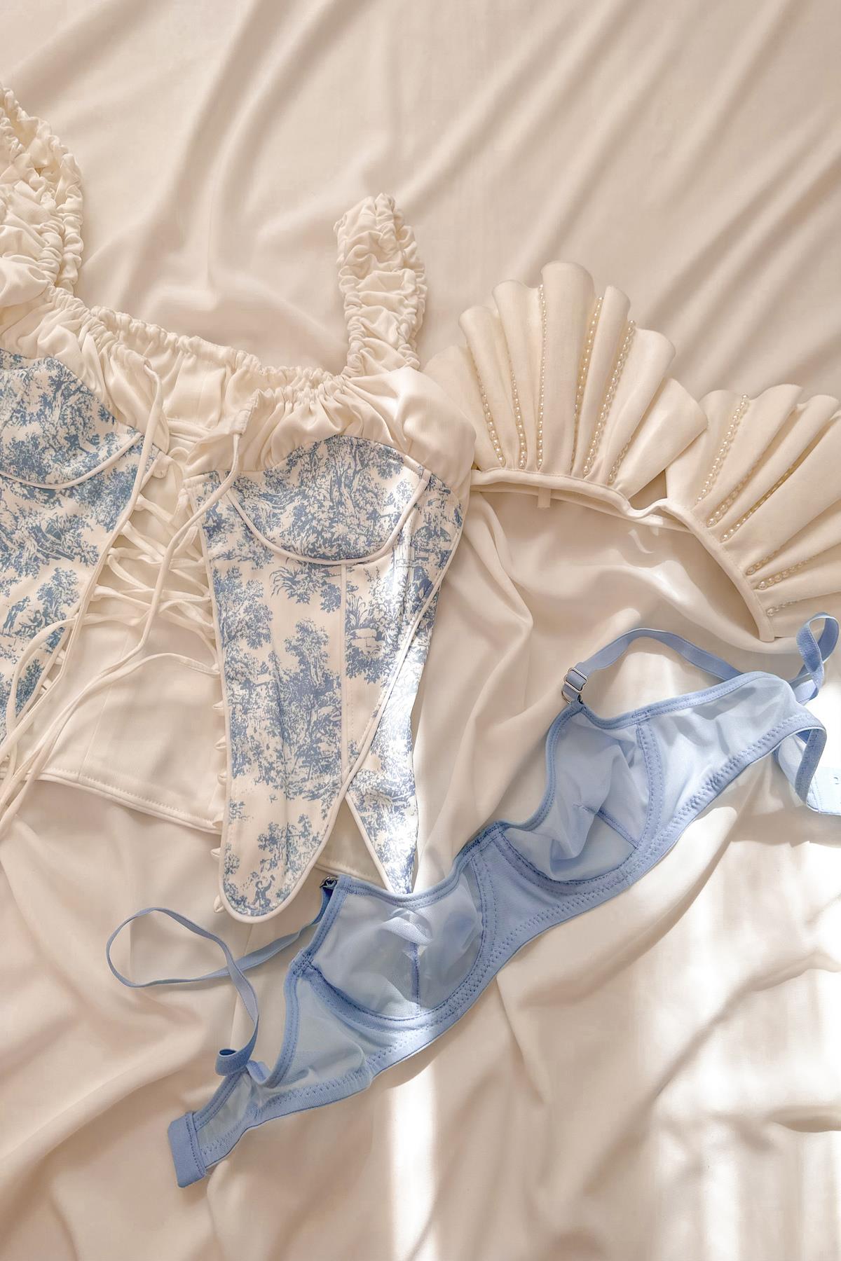 Elsa Basic Transparan Tül Balenli Demi Sütyen Takımı Mavi