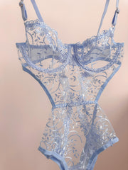 Elsa Çiçek Desenli Balenli Balkonet Bodysuit Mavi