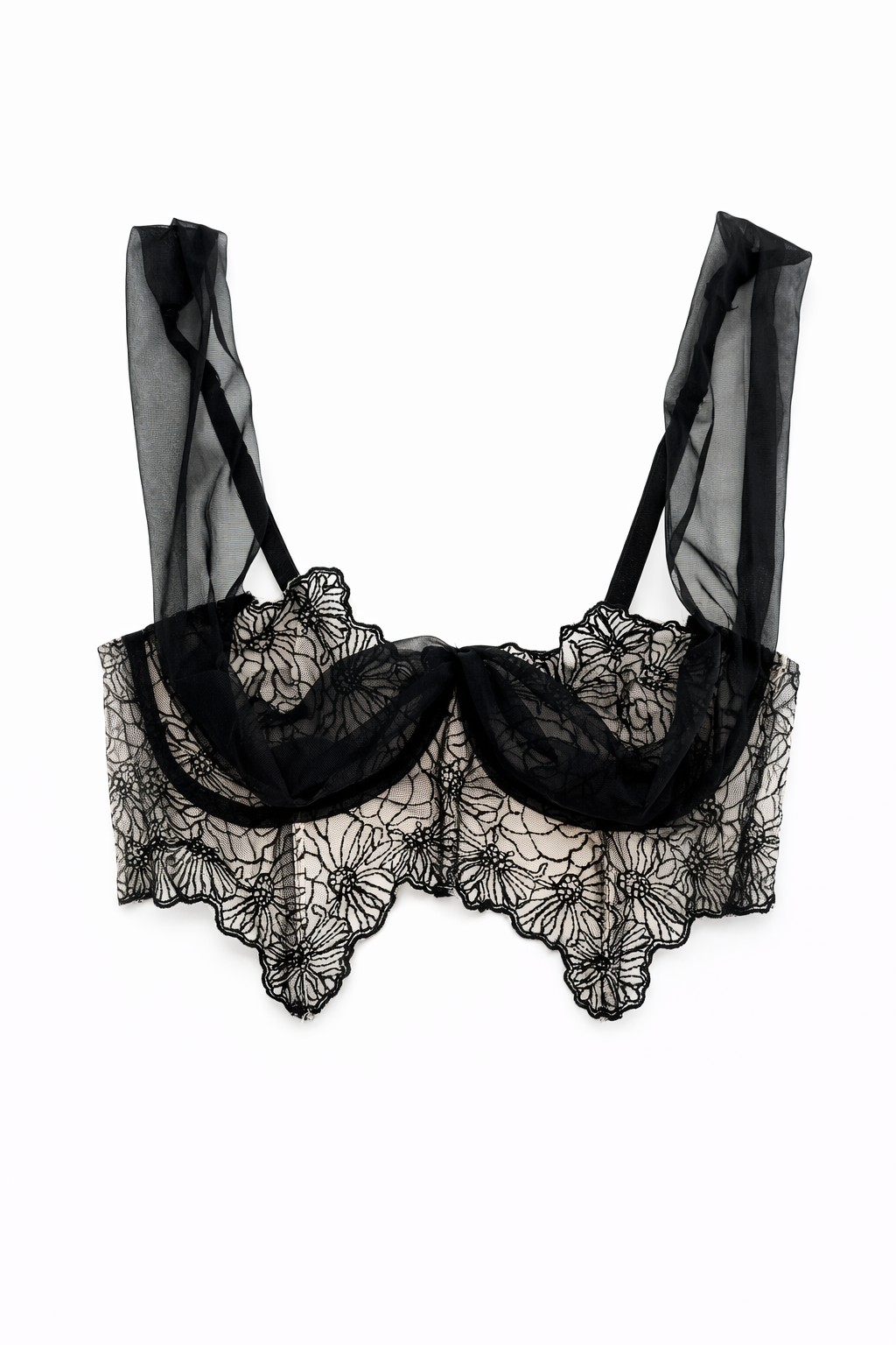 Sofia Tül Detaylı Premium Balenli Balkonet Büstiyer Takımı Siyah