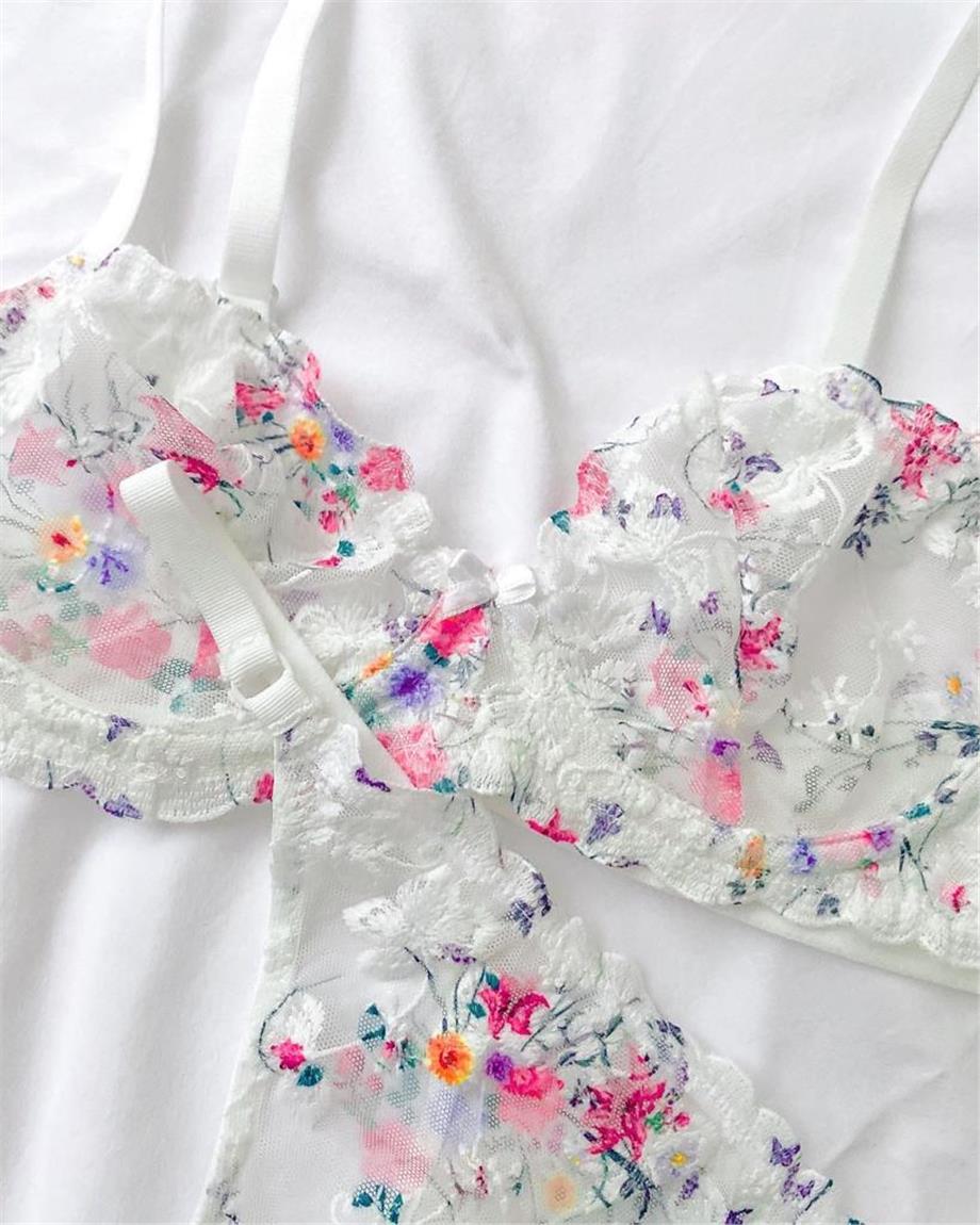 Rapunzel Renkli Çiçekli Balenli Demi Sütyen Takımı Beyaz