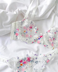 Rapunzel Renkli Çiçekli Balenli Demi Sütyen Takımı Beyaz
