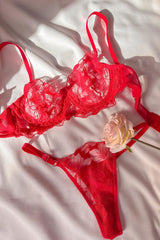 Vday Gül Dantelli Balenli Balkonet Sütyen Takımı Kırmızı