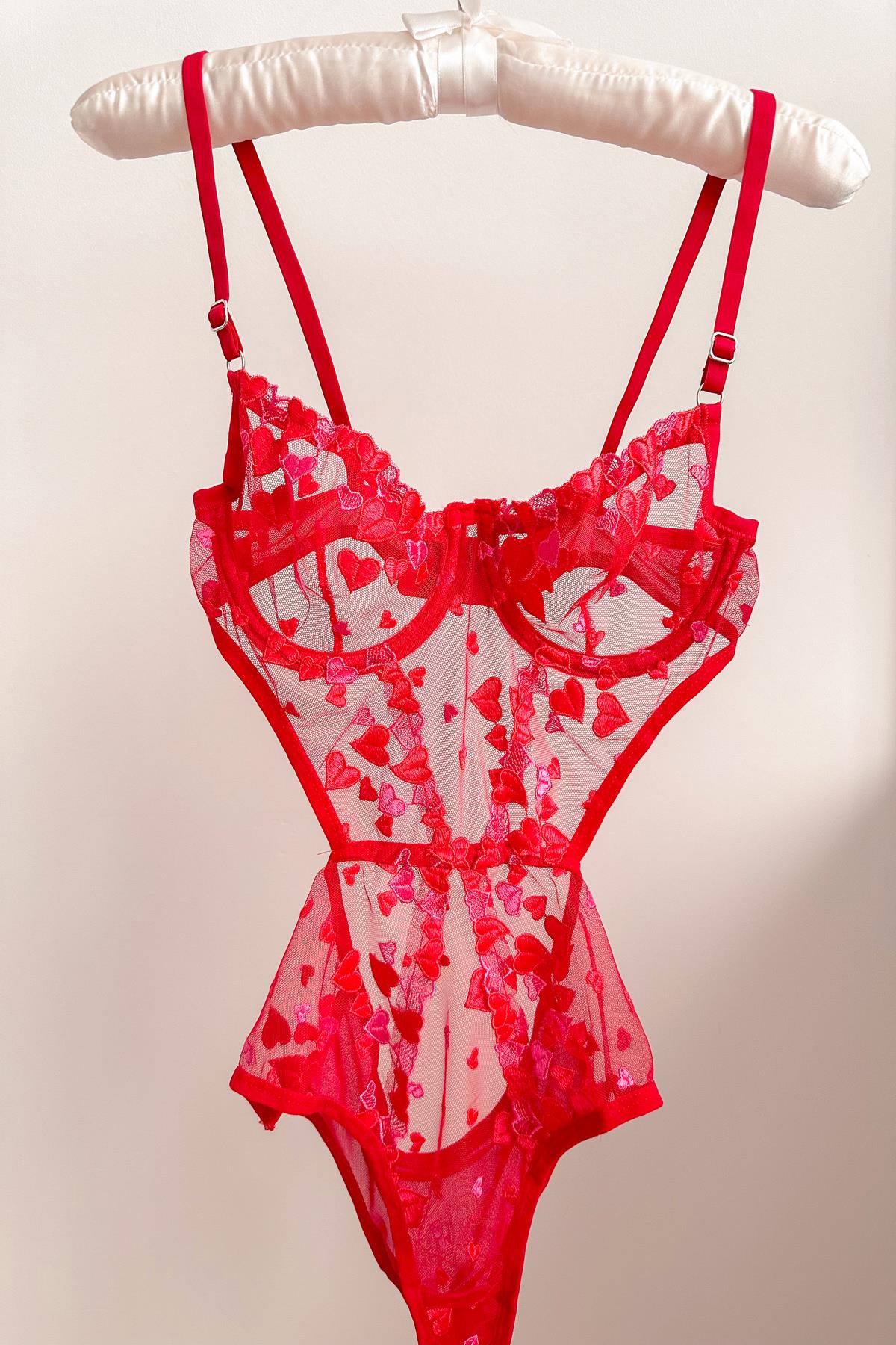 Vday Kalpli Balenli Balkonet Bodysuit Kırmızı