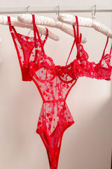 Vday Kalpli Balenli Balkonet Bodysuit ve Sütyen Takımı Kırmızı
